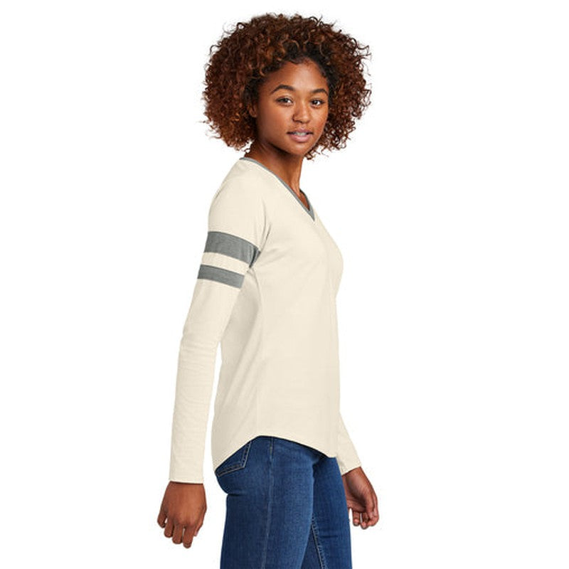 CAPELLA Sport-Tek® Ladies Halftime Stripe Long Sleeve V-Neck Tee - Vintage Heather/Ecru