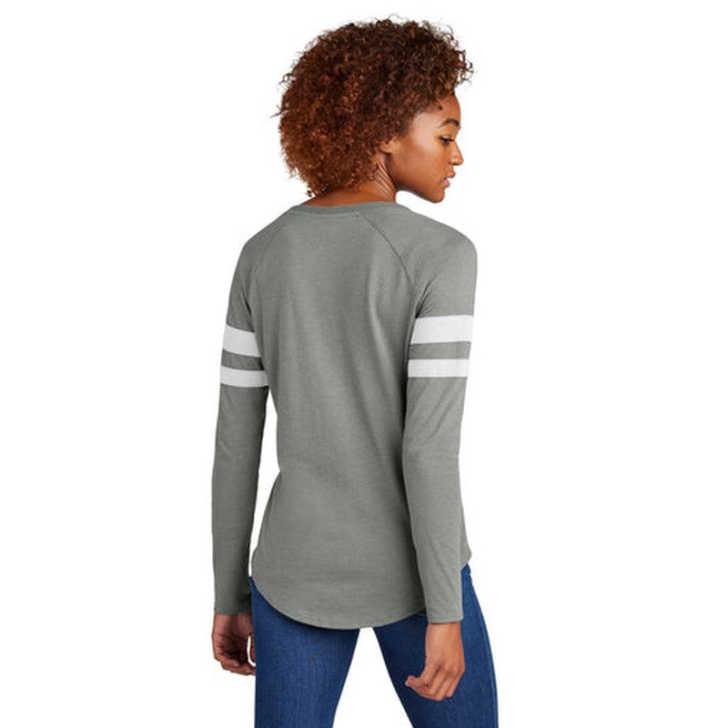 CAPELLA Sport-Tek® Ladies Halftime Stripe Long Sleeve V-Neck Tee - White/Vintage Heather
