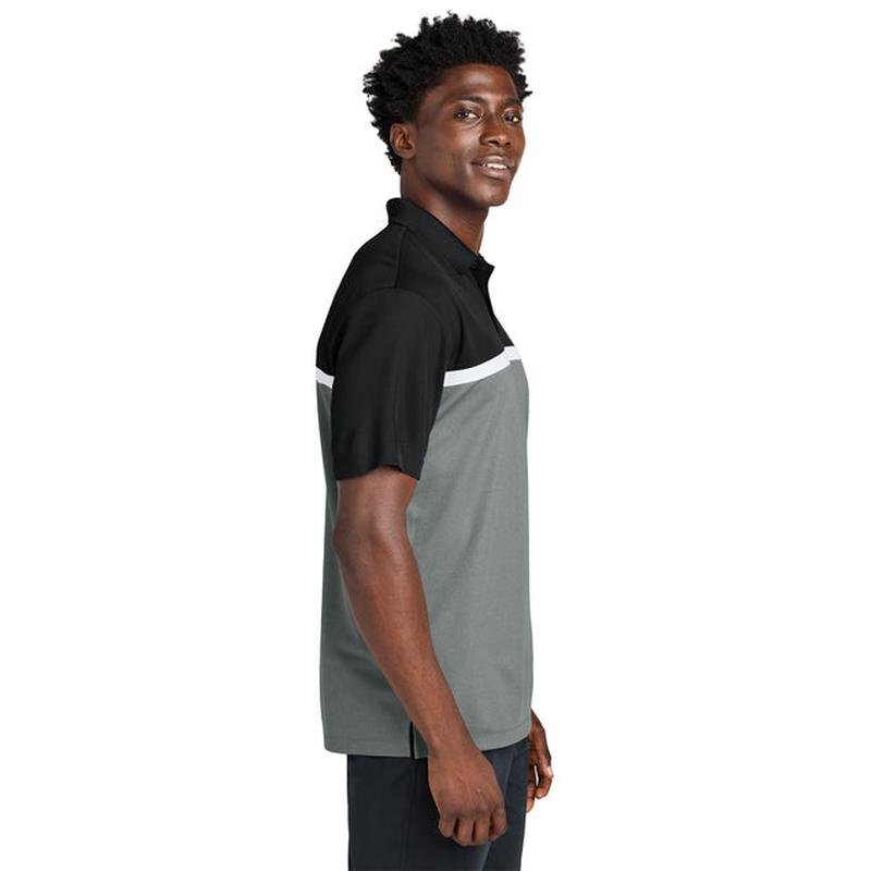NEW CAPELLA Sport-Tek® UV Micropique Colorblock Polo - Black/Grey Concrete Heather/White