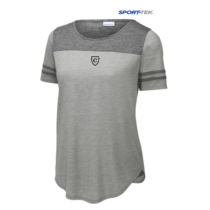 CAPELLA Sport-Tek ® Ladies PosiCharge ® Tri-Blend Wicking Fan Tee - Dark Grey Heather/ Light Grey Heather