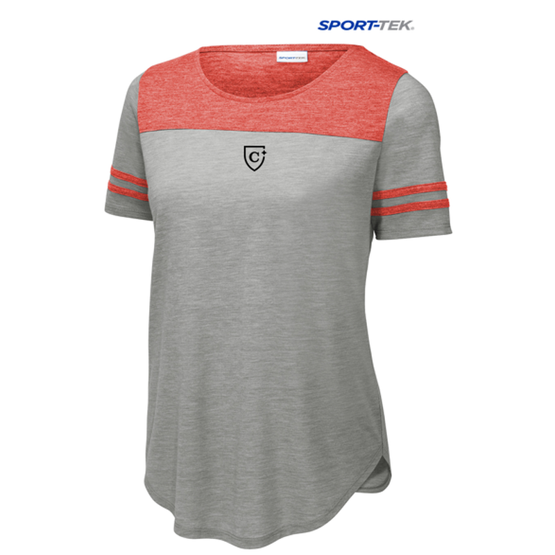 CAPELLA Sport-Tek ® Ladies PosiCharge ® Tri-Blend Wicking Fan Tee - True Red Heather/ Light Grey Heather
