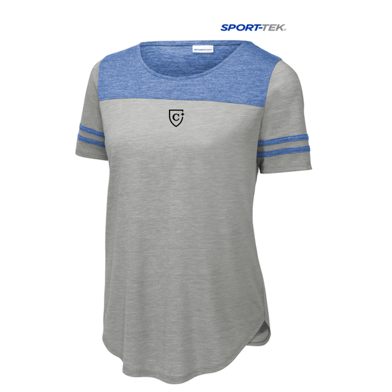 CAPELLA Sport-Tek ® Ladies PosiCharge ® Tri-Blend Wicking Fan Tee - True Royal Heather/ Light Grey Heather