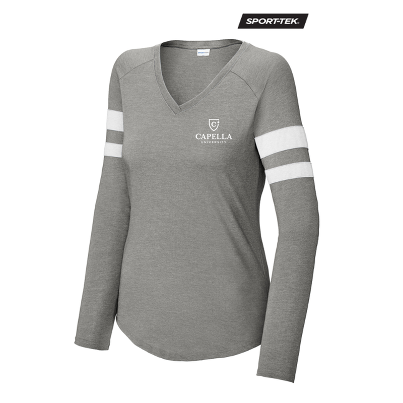 CAPELLA Sport-Tek® Ladies Halftime Stripe Long Sleeve V-Neck Tee - White/Vintage Heather