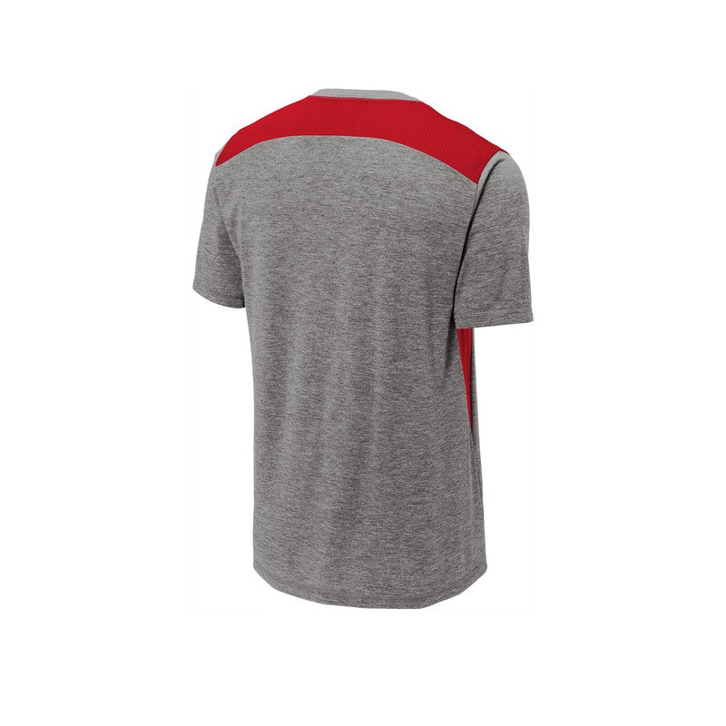 CAPELLA Sport-Tek ® PosiCharge ® Tri-Blend Wicking Draft Tee - True Red/ Dark Grey Heather