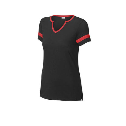 NEW CAPELLA Sport-Tek® Ladies Halftime Notch Neck Tee - Black/Deep Red