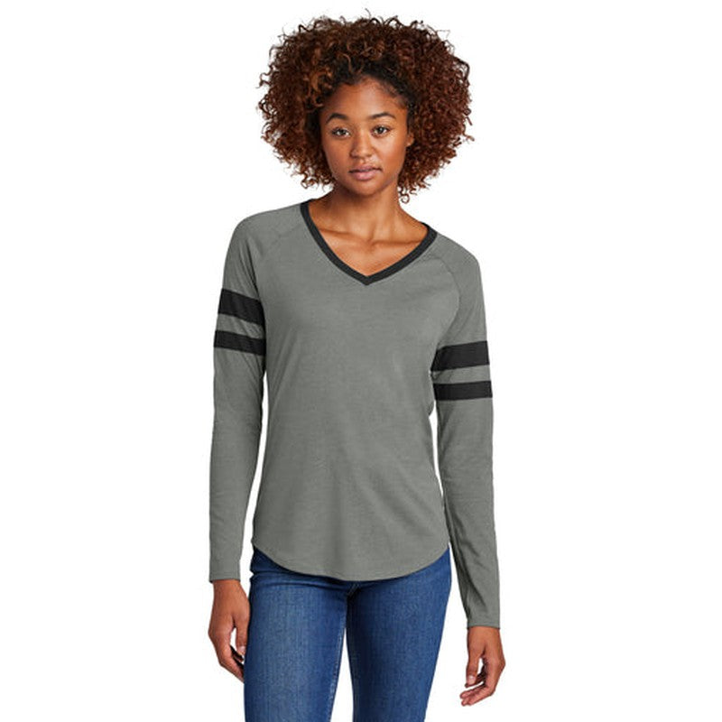 NEW CAPELLA Sport-Tek® Ladies Halftime Stripe Long Sleeve V-Neck Tee - Black/Vintage Heather