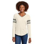 CAPELLA Sport-Tek® Ladies Halftime Stripe Long Sleeve V-Neck Tee - Vintage Heather/Ecru