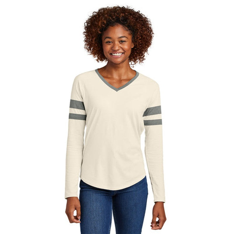 CAPELLA Sport-Tek® Ladies Halftime Stripe Long Sleeve V-Neck Tee - Vintage Heather/Ecru