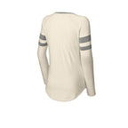 CAPELLA Sport-Tek® Ladies Halftime Stripe Long Sleeve V-Neck Tee - Vintage Heather/Ecru