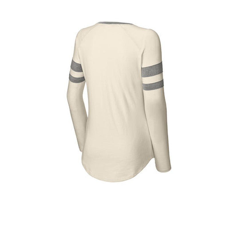 CAPELLA Sport-Tek® Ladies Halftime Stripe Long Sleeve V-Neck Tee - Vintage Heather/Ecru