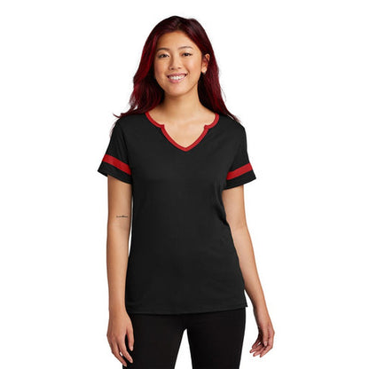 NEW CAPELLA Sport-Tek® Ladies Halftime Notch Neck Tee - Black/Deep Red