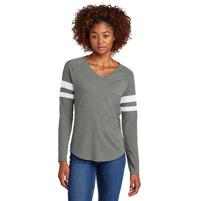 NEW CAPELLA Sport-Tek® Ladies Halftime Stripe Long Sleeve V-Neck Tee - White/Vintage Heather