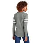 CAPELLA Sport-Tek® Ladies Halftime Stripe Long Sleeve V-Neck Tee - White/Vintage Heather