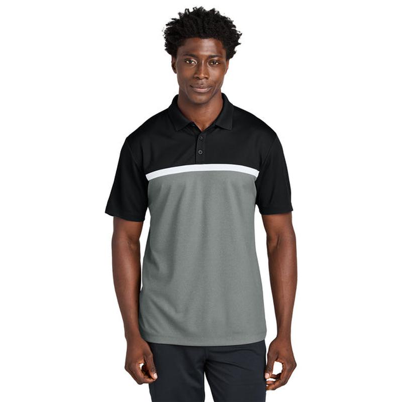 NEW CAPELLA Sport-Tek® UV Micropique Colorblock Polo - Black/Grey Concrete Heather/White