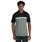 NEW CAPELLA Sport-Tek® UV Micropique Colorblock Polo - Black/Grey Concrete Heather/White