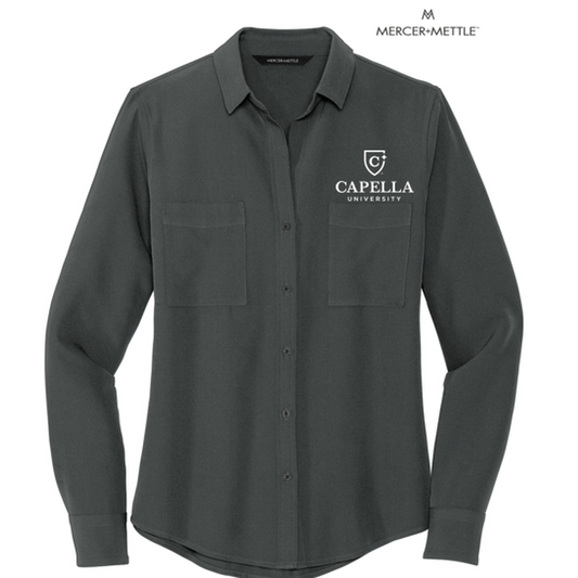 NEW CAPELLA Mercer+Mettle™ Women's Stretch Crepe Long Sleeve Camp Blouse - Anchor Grey