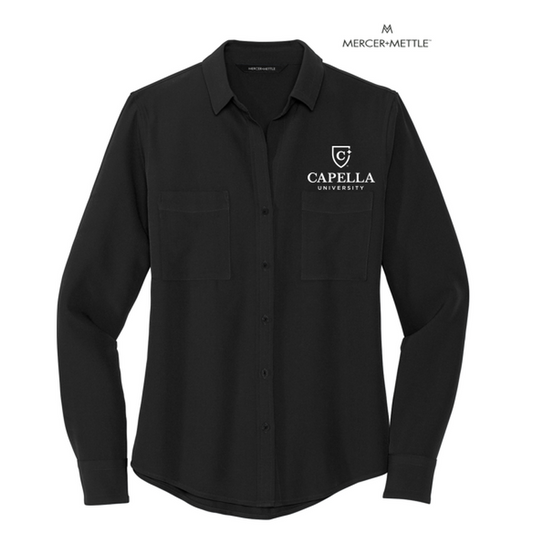 NEW CAPELLA Mercer+Mettle™ Women's Stretch Crepe Long Sleeve Camp Blouse - Deep Black