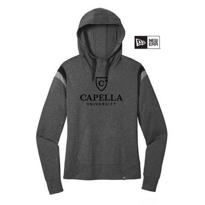 NEW CAPELLA New Era ® Ladies Heritage Blend Varsity Hoodie - Black Heather/ Black/ Shadow Grey Heather