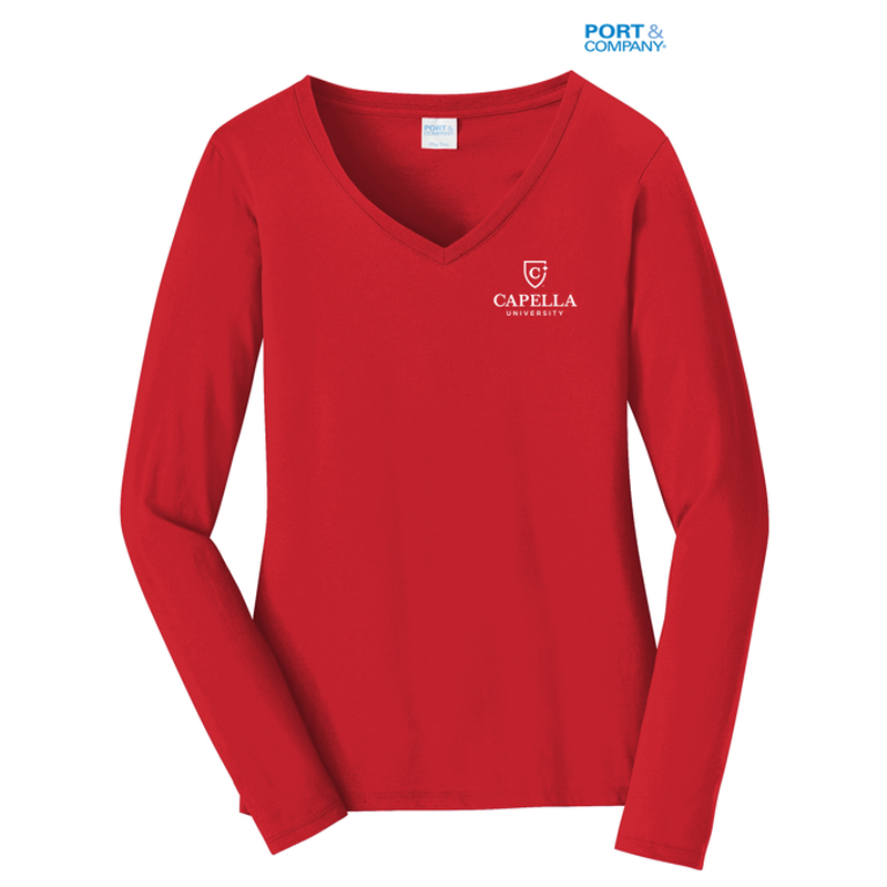 CAPELLA Port & Company® Ladies Long Sleeve Fan Favorite™ V-Neck Tee - Bright Red