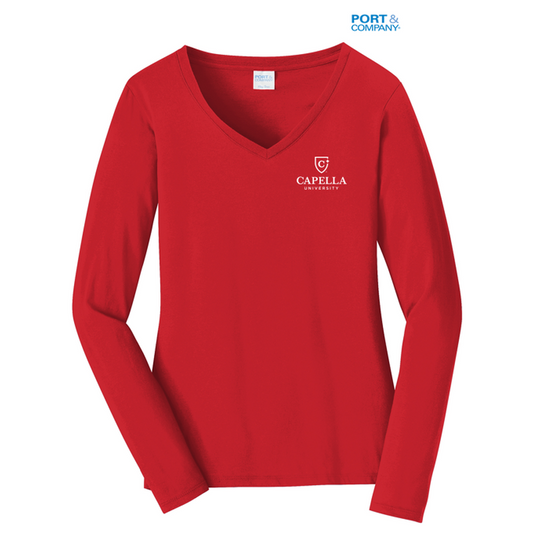 NEW CAPELLA Port & Company® Ladies Long Sleeve Fan Favorite™ V-Neck Tee - Bright Red