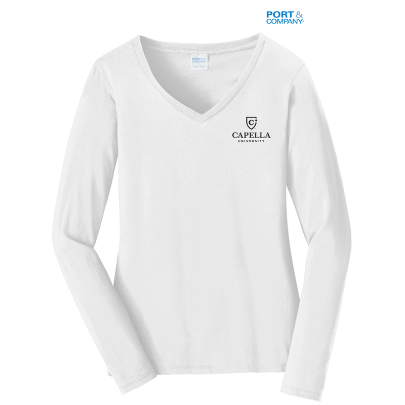 NEW CAPELLA Port & Company® Ladies Long Sleeve Fan Favorite™ V-Neck Tee - White