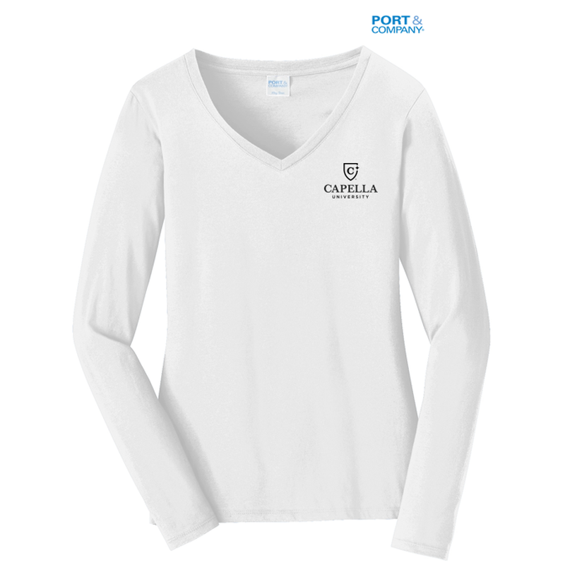 CAPELLA Port & Company® Ladies Long Sleeve Fan Favorite™ V-Neck Tee - White