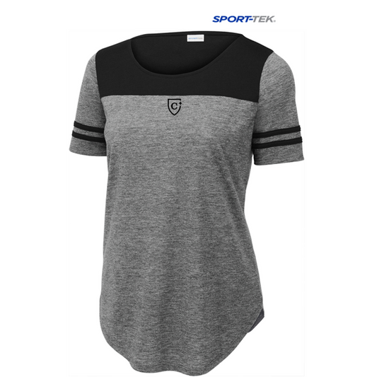 NEW CAPELLA Sport-Tek ® Ladies PosiCharge ® Tri-Blend Wicking Fan Tee - Black Triad Solid/ Dark Grey Heather