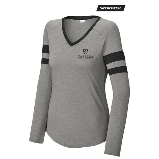 NEW CAPELLA Sport-Tek® Ladies Halftime Stripe Long Sleeve V-Neck Tee - Black/Vintage Heather