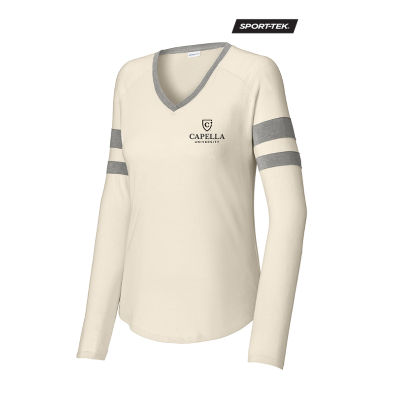 CAPELLA Sport-Tek® Ladies Halftime Stripe Long Sleeve V-Neck Tee - Vintage Heather/Ecru