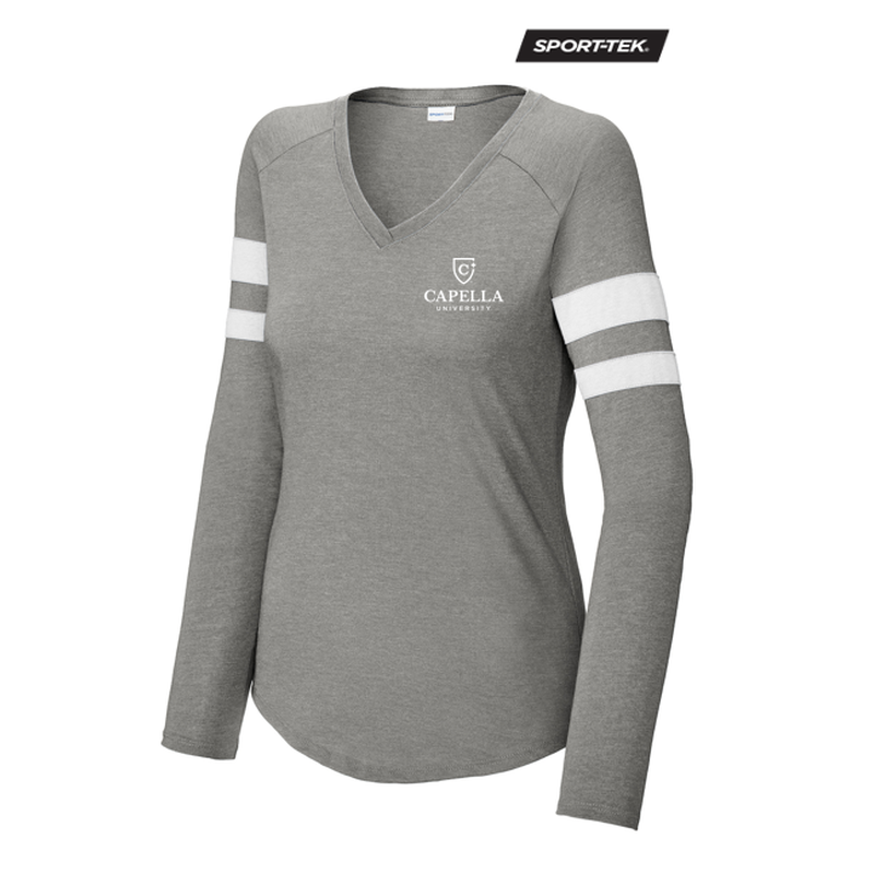 NEW CAPELLA Sport-Tek® Ladies Halftime Stripe Long Sleeve V-Neck Tee - White/Vintage Heather