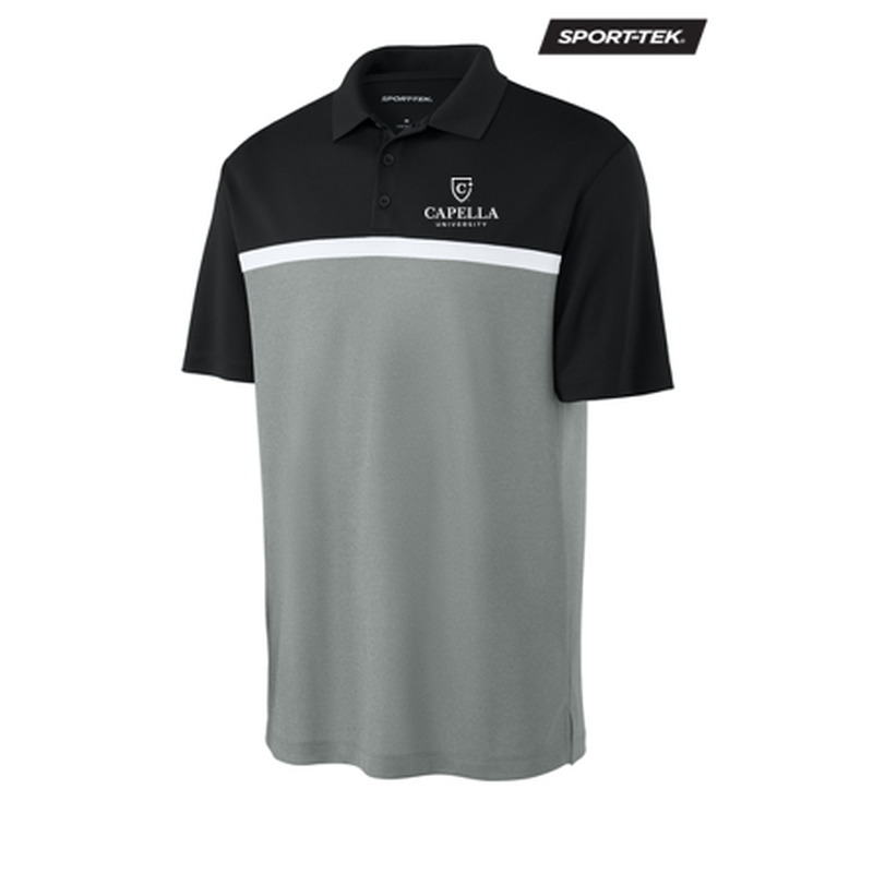 NEW CAPELLA Sport-Tek® UV Micropique Colorblock Polo - Black/Grey Concrete Heather/White