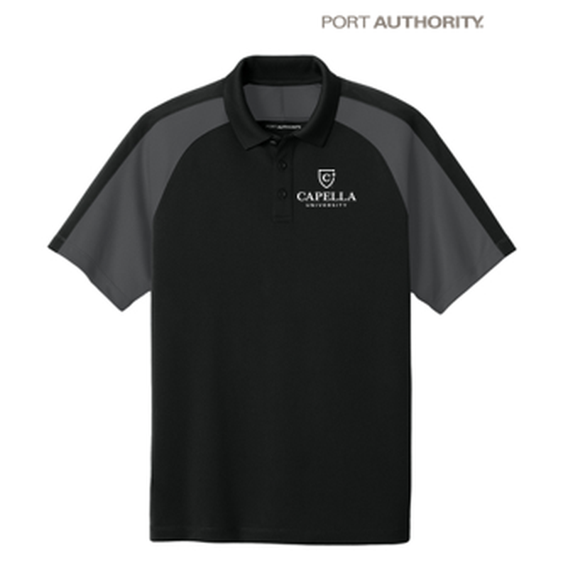 NEW Capella Port Authority® Wearever Performance Pique Colorblock Polo - Deep Black/Storm Grey