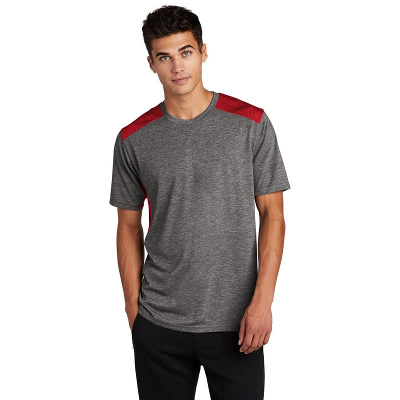 CAPELLA Sport-Tek ® PosiCharge ® Tri-Blend Wicking Draft Tee - True Red/ Dark Grey Heather