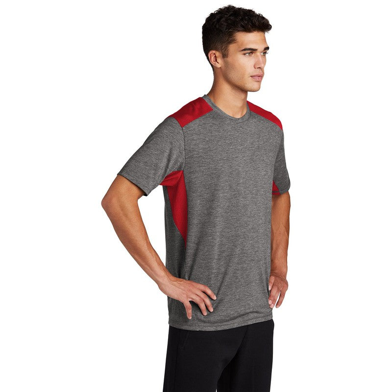 CAPELLA Sport-Tek ® PosiCharge ® Tri-Blend Wicking Draft Tee - True Red/ Dark Grey Heather