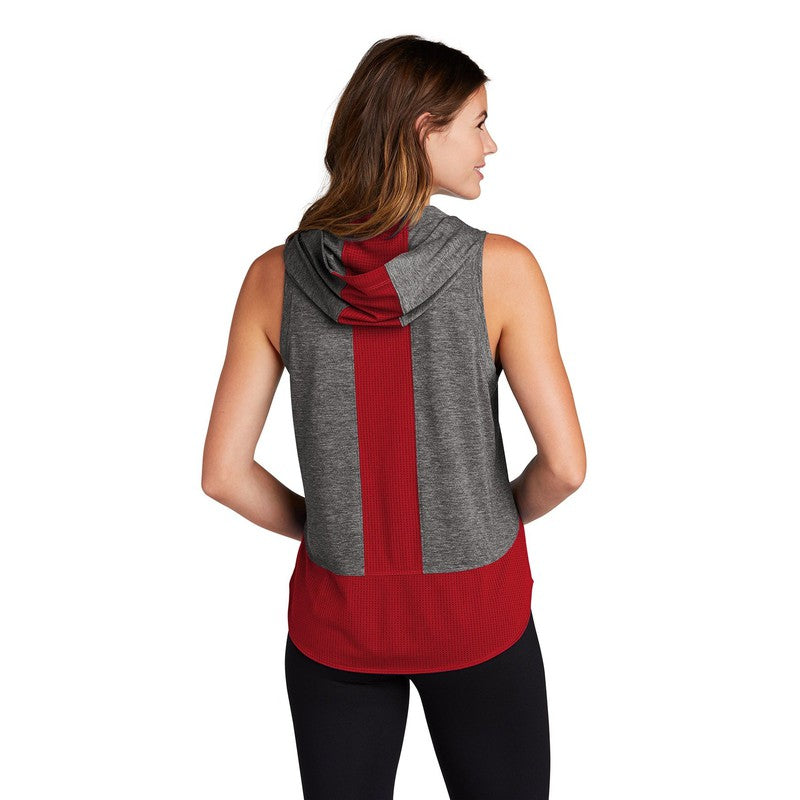 NEW CAPELLA Sport-Tek ® Ladies PosiCharge ® Tri-Blend Wicking Draft Hoodie Tank - True Red/ Dark Grey Heather