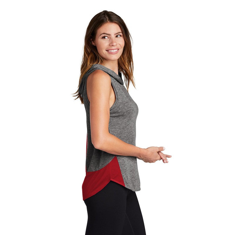 NEW CAPELLA Sport-Tek ® Ladies PosiCharge ® Tri-Blend Wicking Draft Hoodie Tank - True Red/ Dark Grey Heather