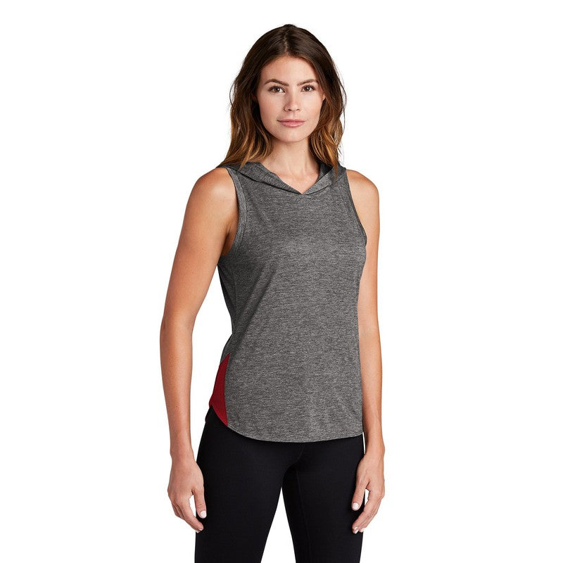 NEW CAPELLA Sport-Tek ® Ladies PosiCharge ® Tri-Blend Wicking Draft Hoodie Tank - True Red/ Dark Grey Heather