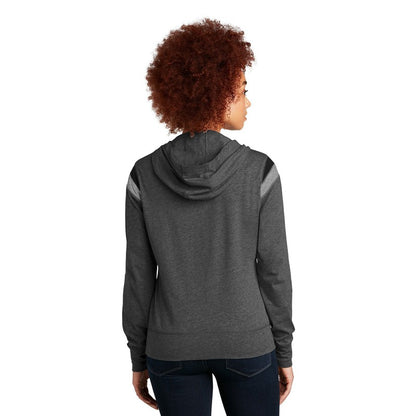 NEW CAPELLA New Era ® Ladies Heritage Blend Varsity Hoodie - Black Heather/ Black/ Shadow Grey Heather