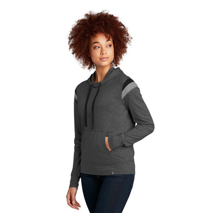 NEW CAPELLA New Era ® Ladies Heritage Blend Varsity Hoodie - Black Heather/ Black/ Shadow Grey Heather