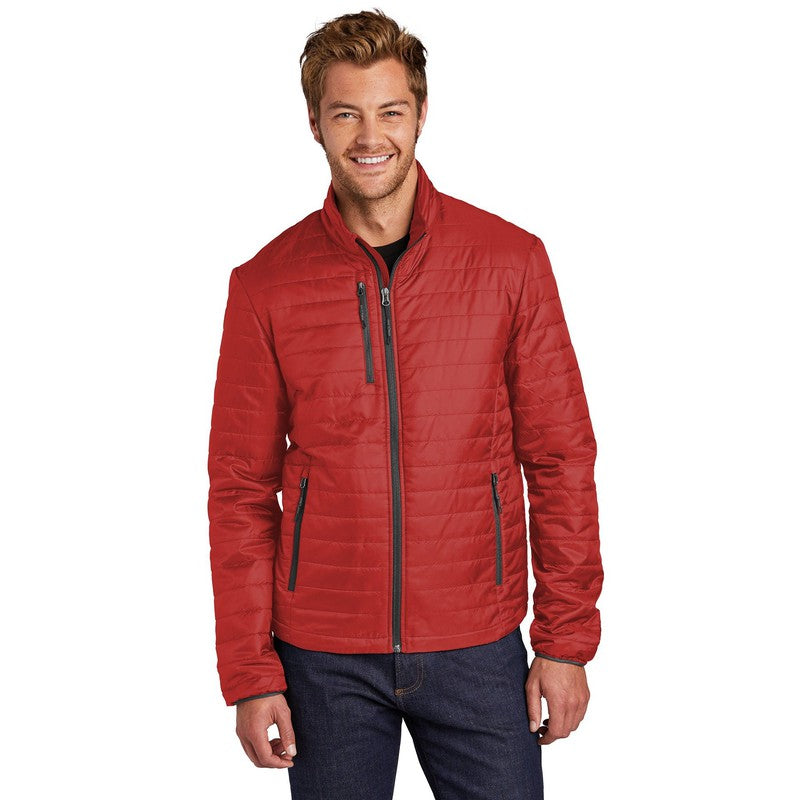 Red packable puffer store jacket