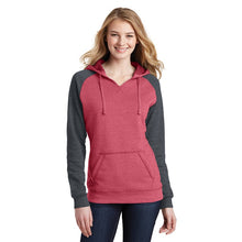 Load image into Gallery viewer, District ® Women’s Lightweight Fleece Raglan Hoodie - Heathered Red/ Heathered Charcoal