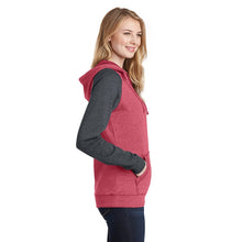 Load image into Gallery viewer, District ® Women’s Lightweight Fleece Raglan Hoodie - Heathered Red/ Heathered Charcoal