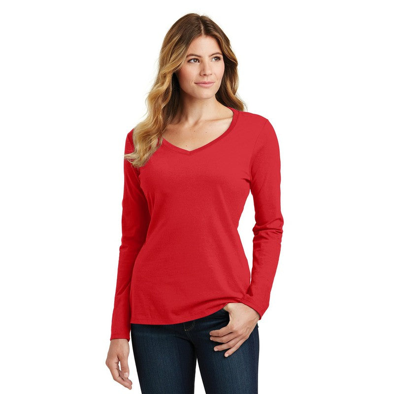 NEW CAPELLA Port & Company® Ladies Long Sleeve Fan Favorite™ V-Neck Tee - Bright Red