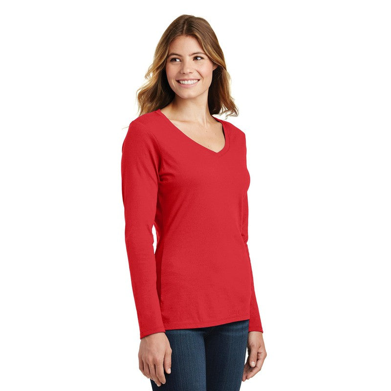 NEW Port & Company® Ladies Long Sleeve Fan Favorite™ V-Neck Tee - Bright Red