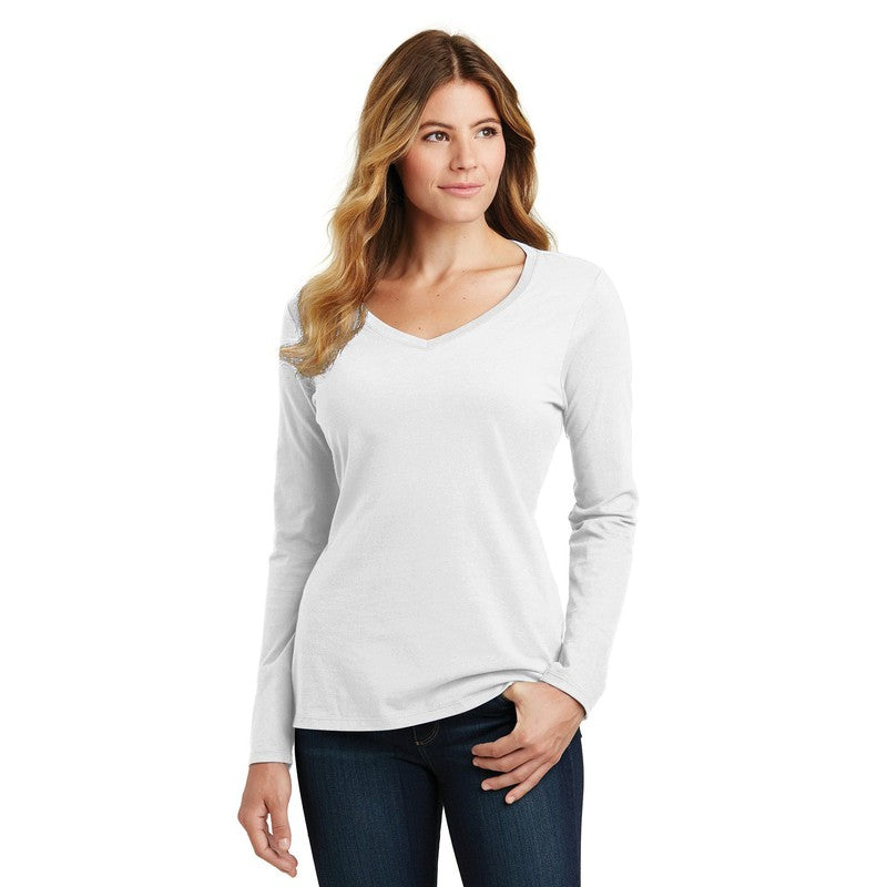 NEW CAPELLA Port & Company® Ladies Long Sleeve Fan Favorite™ V-Neck Tee - White