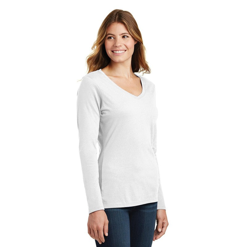 NEW CAPELLA Port & Company® Ladies Long Sleeve Fan Favorite™ V-Neck Tee - White